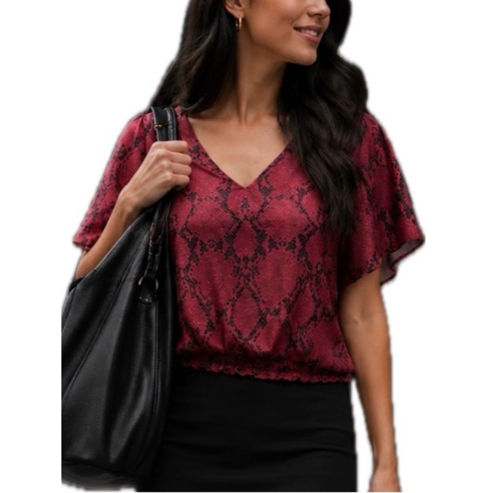 Banana Republic Women's XS Red/Black Animal Print Chiffon V-Neck Blouse